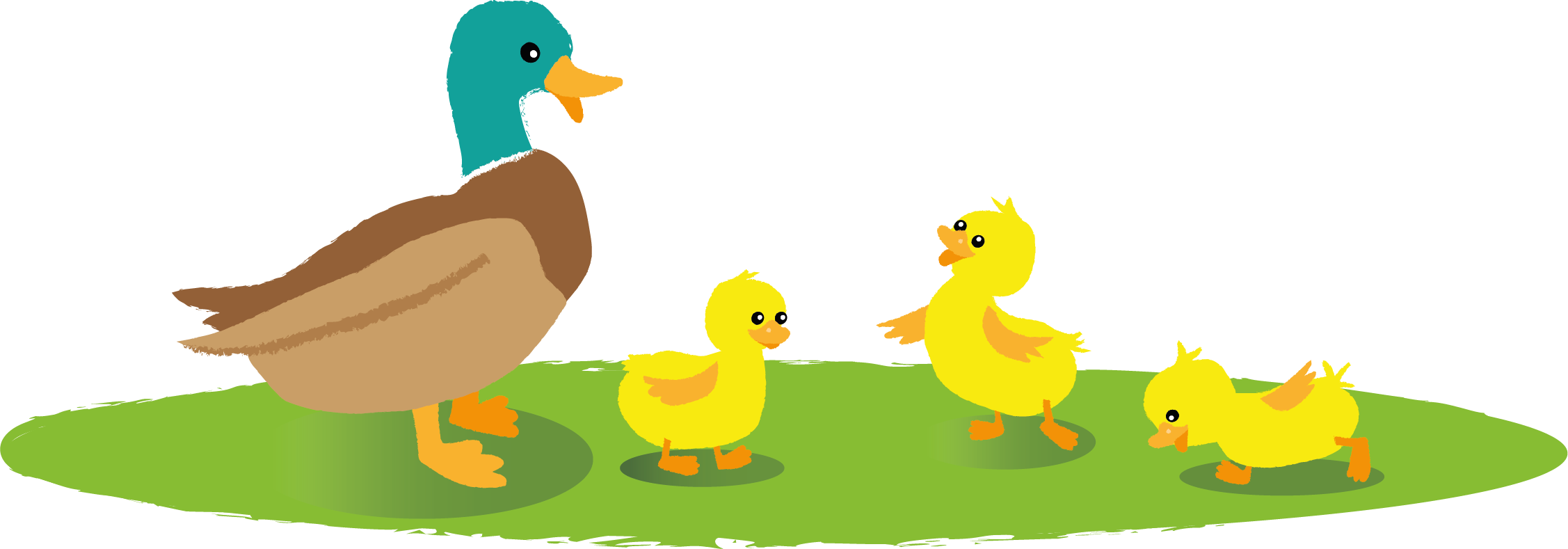 A illustrated image of three ducklings next to a mother duck on grass.
